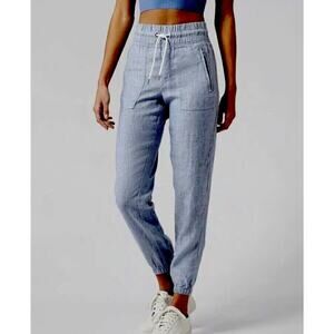 Athleta Chambray Blue Cabo Casual Linen Jogger Pant Tie Waist Front Zip 4